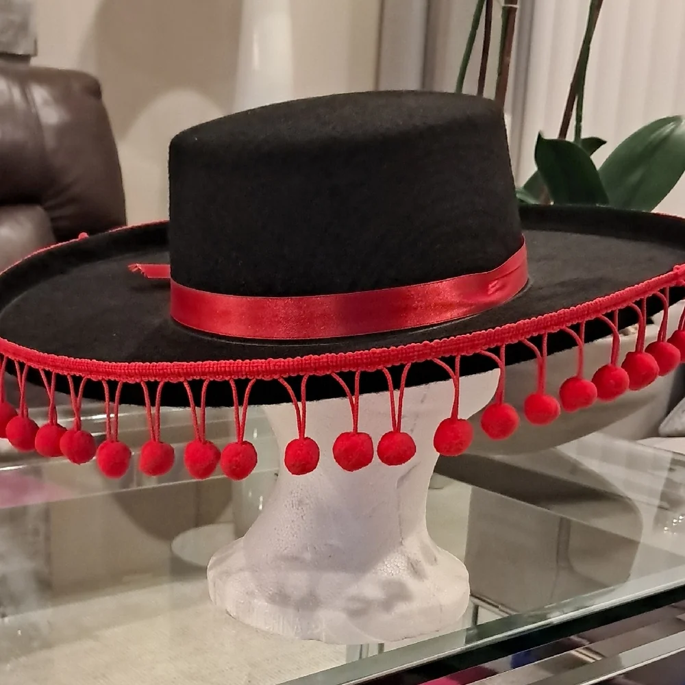 Spanish Style Black and Red Pom-Pom Women's Hat - Picture 7 of 11